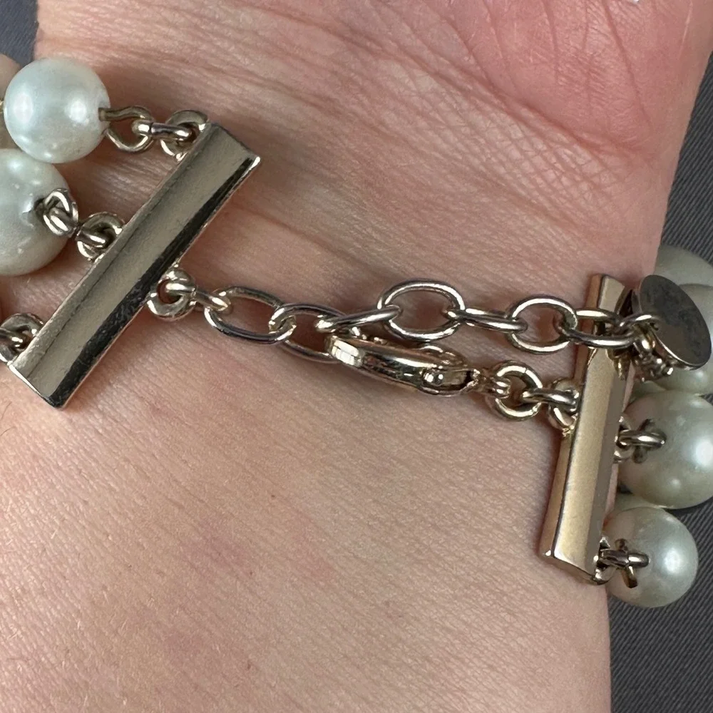 Talbots Chunky Pearl Beaded Multi Strand Charm Bracelet Silver Tone Toggle Clasp
